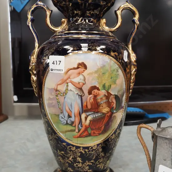 gold and cobalt romance scene vase H330