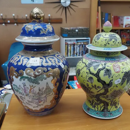 2x Asian lidded temple jars H330