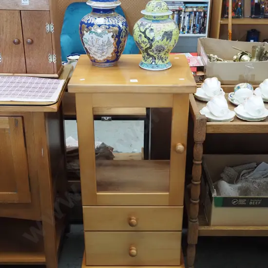 solid rimu stereo cabinet 2 drawers, 1 glazed door H920 W440 D380