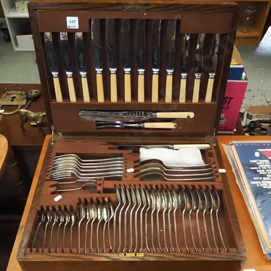 oak canteen of cutlery with bone handled knives - incomplete