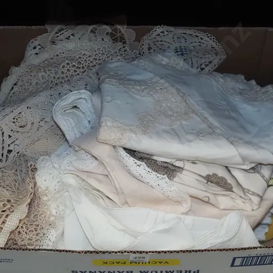 box of doillies, tablecloths etc