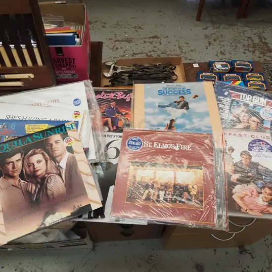 stack of LPs; motion picture soundtracks