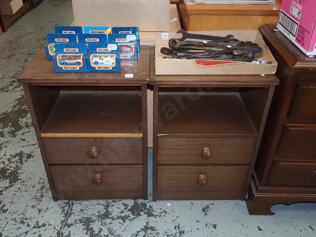 2x mdf faux wood veneer 2 drawer bedside cabinets - some damage to veneer Image 1++