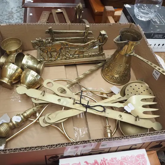 box of brass ware, utensils, letter rack etc