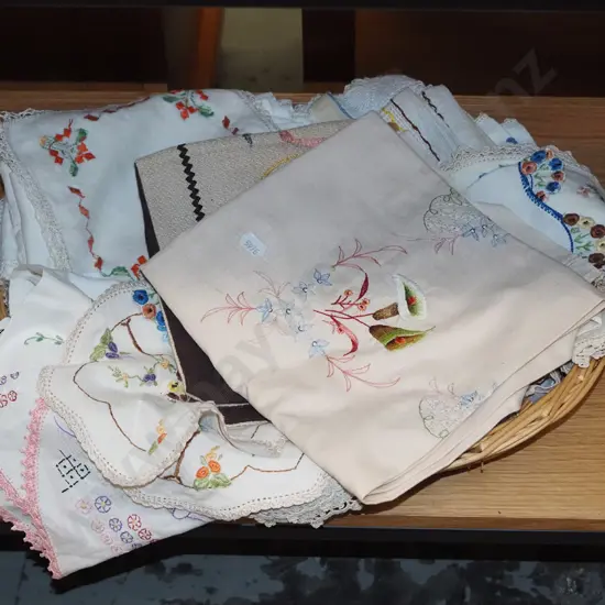 cane basket, hand worked linen