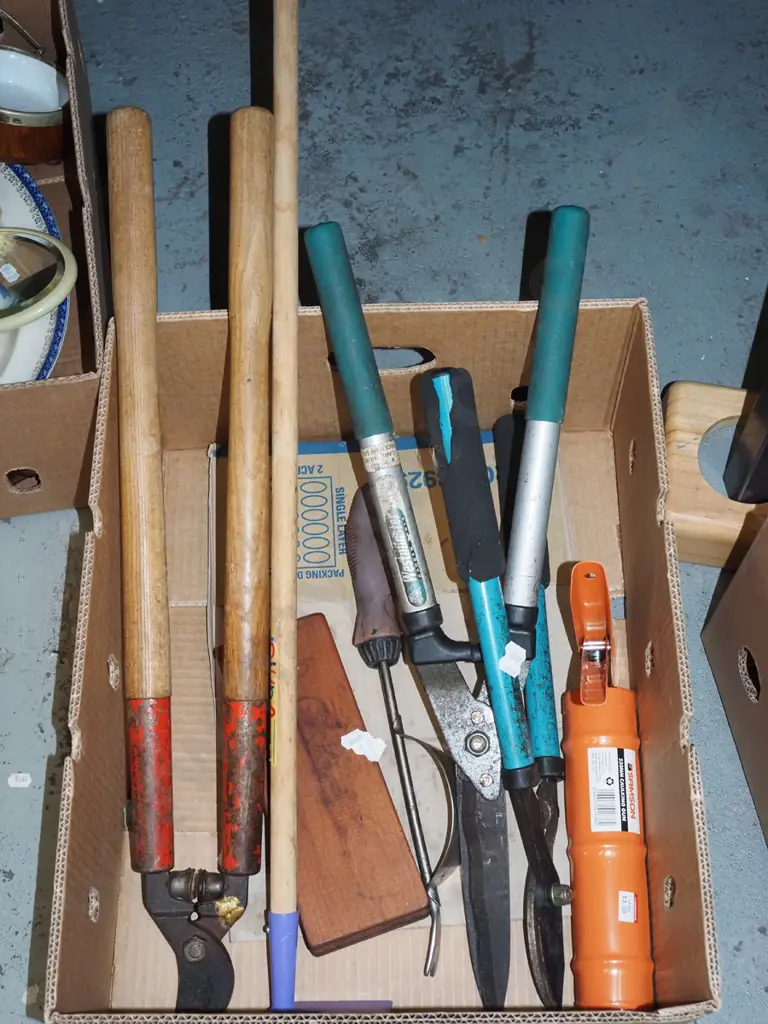box; loppers, hedge shears, sharpening stone etc Image 1++