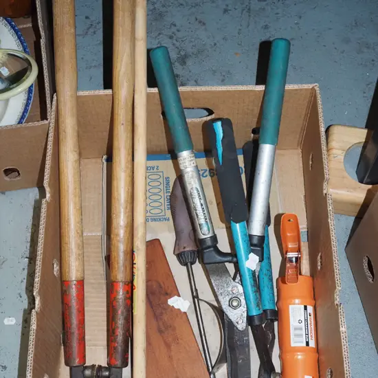 box; loppers, hedge shears, sharpening stone etc