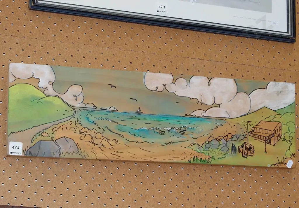 ink and watercolour on wood - coastal scene Image 1++