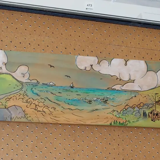 ink and watercolour on wood - coastal scene