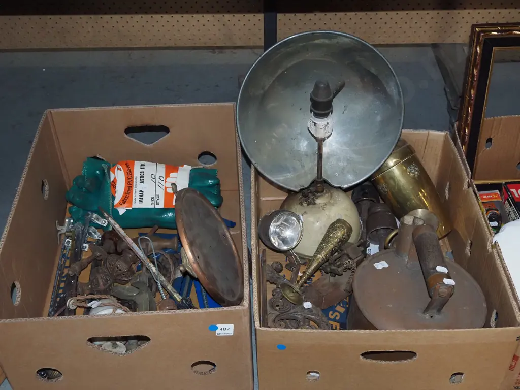 2x boxes; window latches, vintage door hardware, shelf brackets etc - blue dots Image 1++