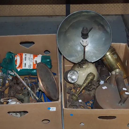 2x boxes; window latches, vintage door hardware, shelf brackets etc - blue dots