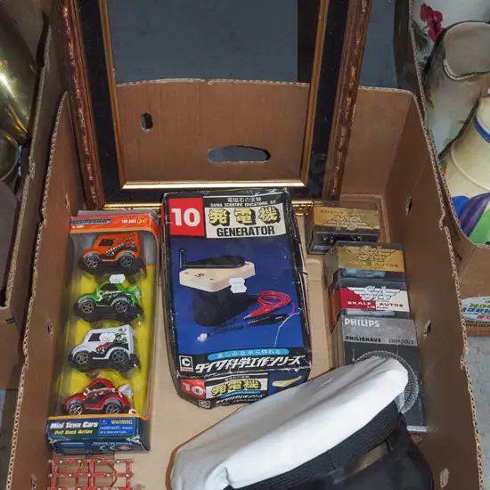 box; captains hat, picture frame, toy vehicles etc