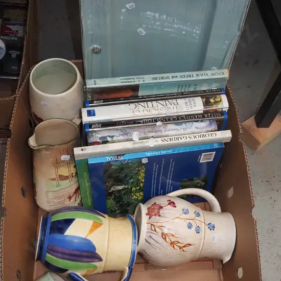 box; various jugs, vases, books etc - some chips