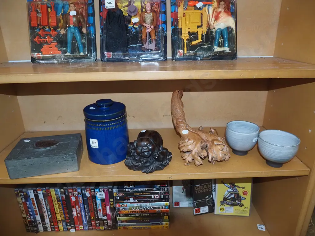 shelf; beaten pewter card box, lidded canister, pig figurine etc Image 1++