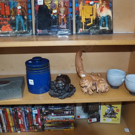 shelf; beaten pewter card box, lidded canister, pig figurine etc