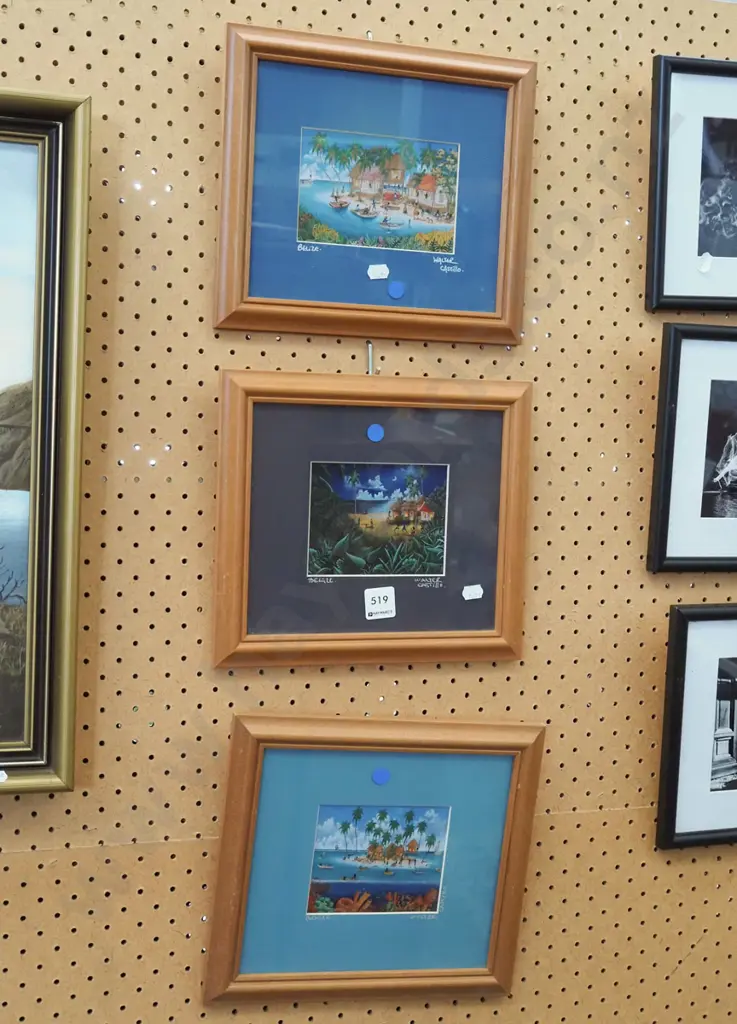 3x framed Walter Castillo watercolours - blue dots - Belize Image 1++