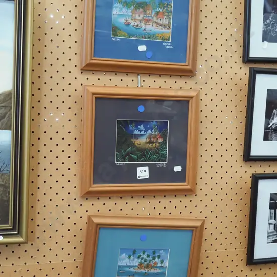 3x framed Walter Castillo watercolours - blue dots - Belize