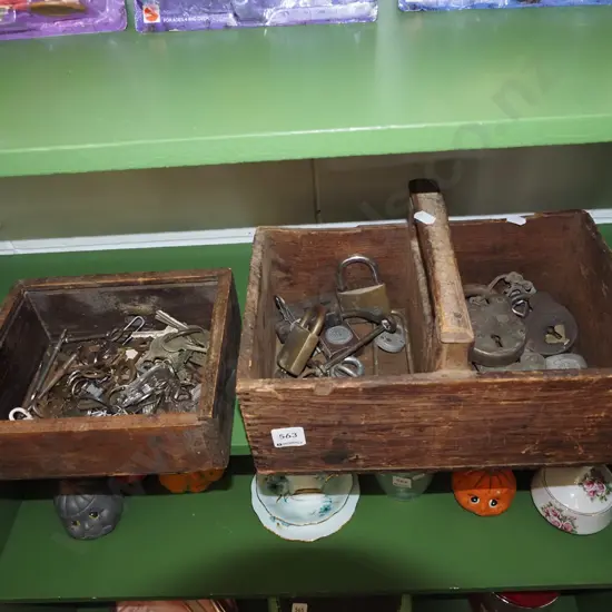 wooden basket, vintage padlocks, keys