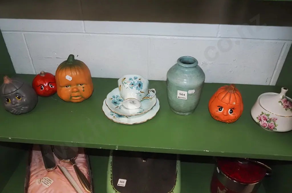 pumpkin canisters, figurines, trio, vase, lidded sugar Image 1++