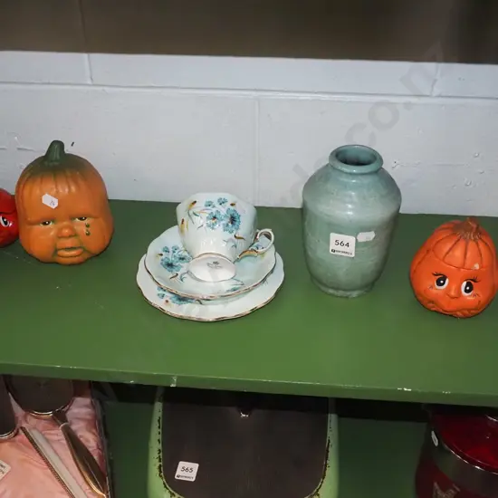 pumpkin canisters, figurines, trio, vase, lidded sugar