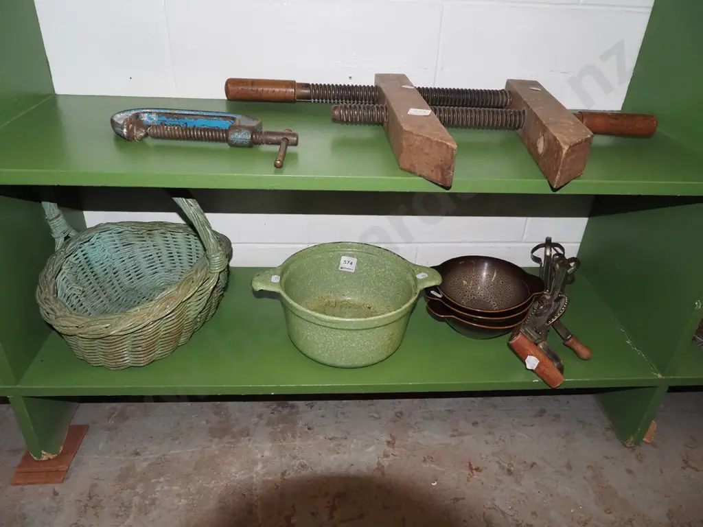 cane basket, green speckled casserole no lid etc Image 1++