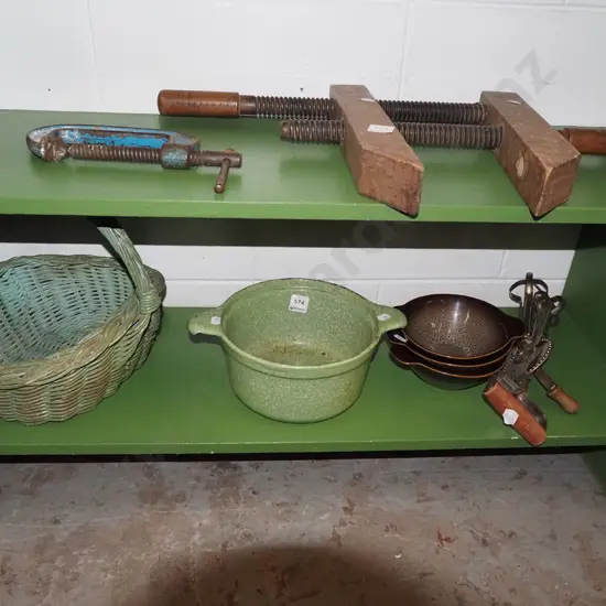 cane basket, green speckled casserole no lid etc