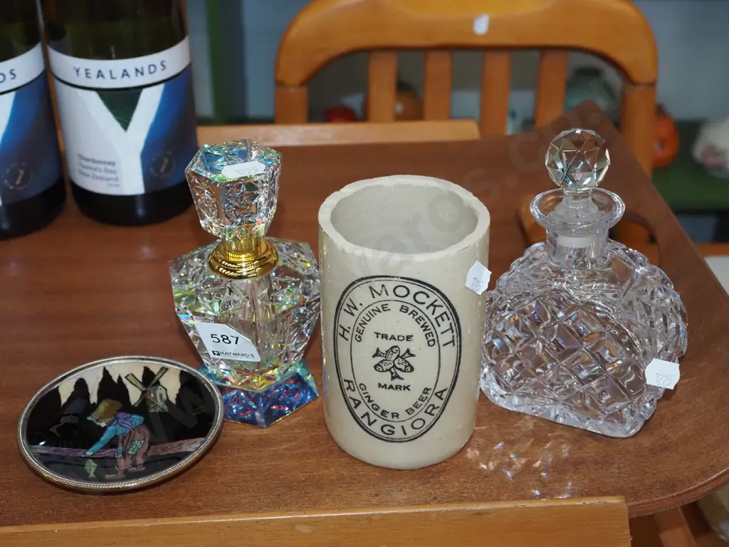 2x crystal scent bottle, pin dish, ginger beer bottle toothbrush holder Image 1++