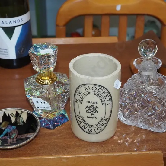 2x crystal scent bottle, pin dish, ginger beer bottle toothbrush holder