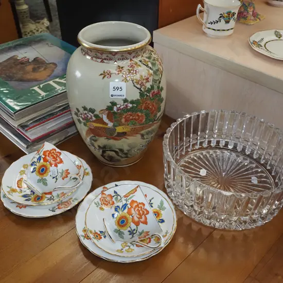 crystal salad owl, Asian pheasant vase, 2x Tuscan floral trios H250