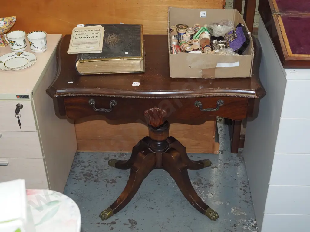 reproduction mahogany brass footed pedestal single drawer hall table -pitting to varnish on top Image 1++