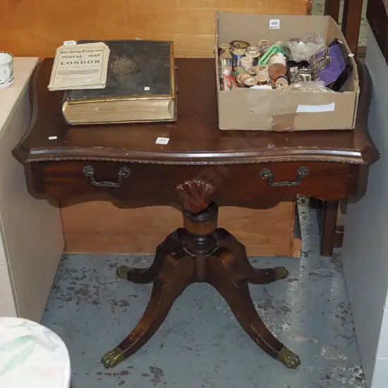 reproduction mahogany brass footed pedestal single drawer hall table -pitting to varnish on top