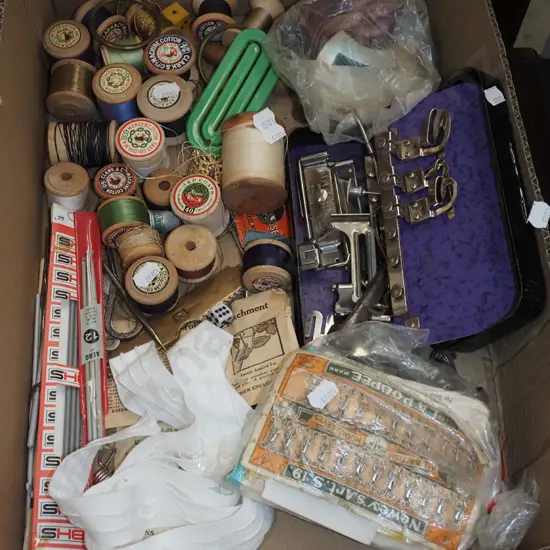 box; sewing machine accessories; threads, crochet hooks etc