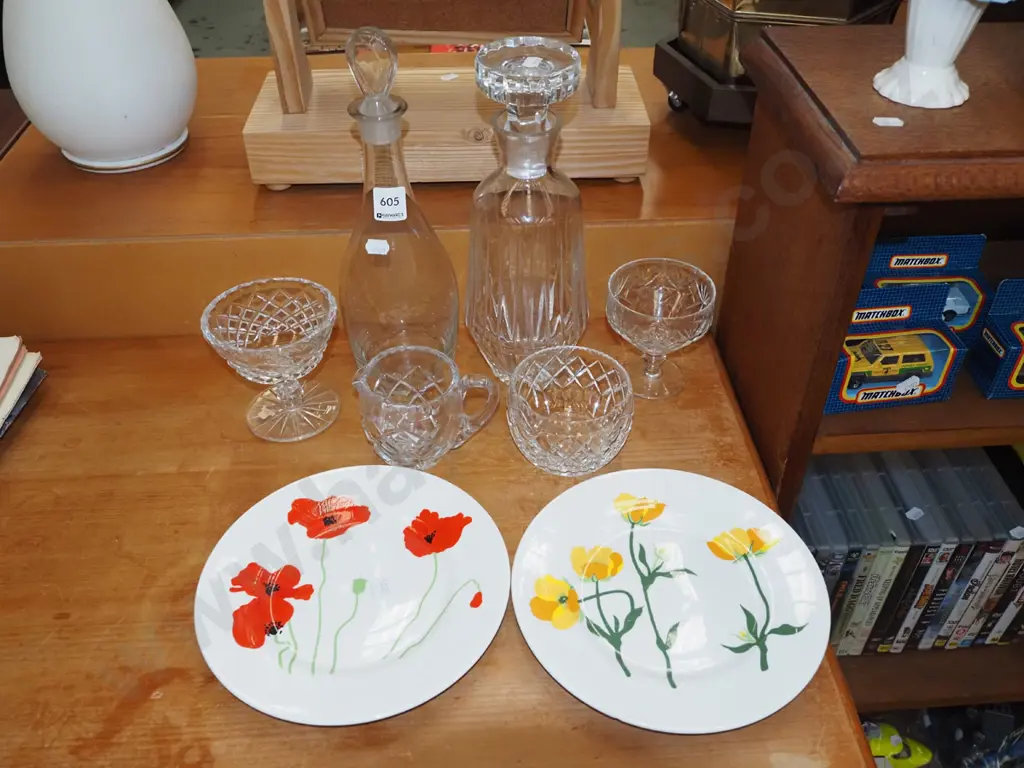 2x decanters, comports, jug, bowl, hand painted floral plates Image 1++