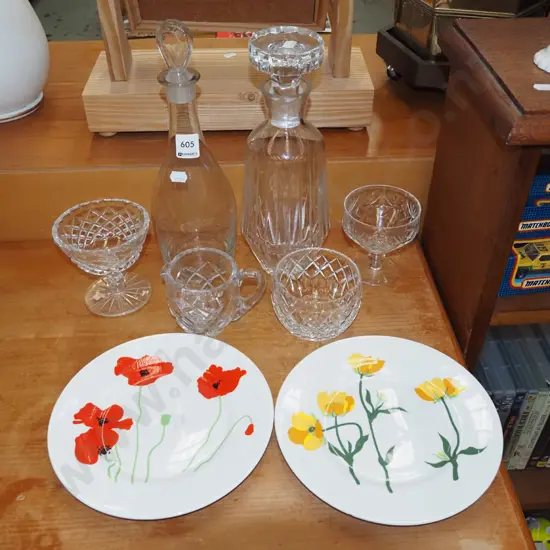 2x decanters, comports, jug, bowl, hand painted floral plates