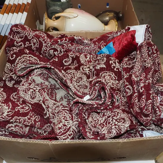 box; heavy patterned fabric curtains