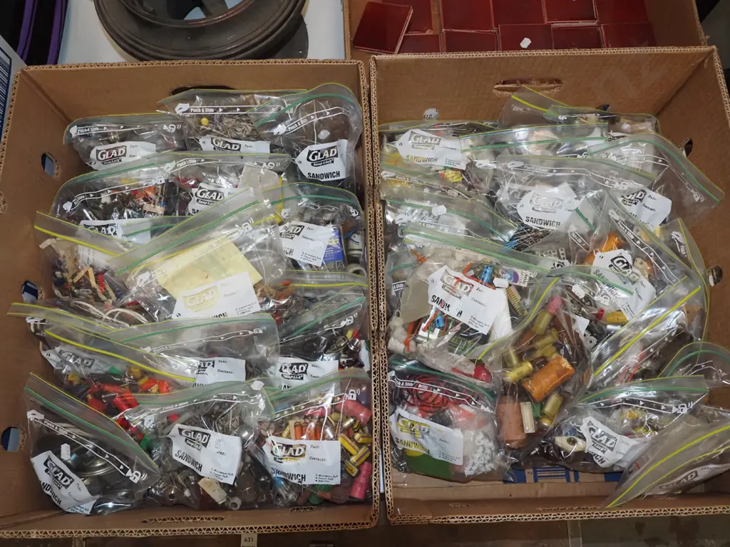 2x boxes; numerous electronic fuses, switches, resistors etc - yellow dots Image 1++