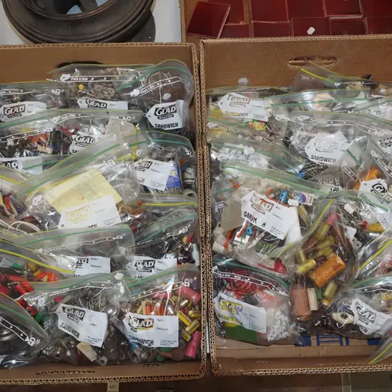 2x boxes; numerous electronic fuses, switches, resistors etc - yellow dots