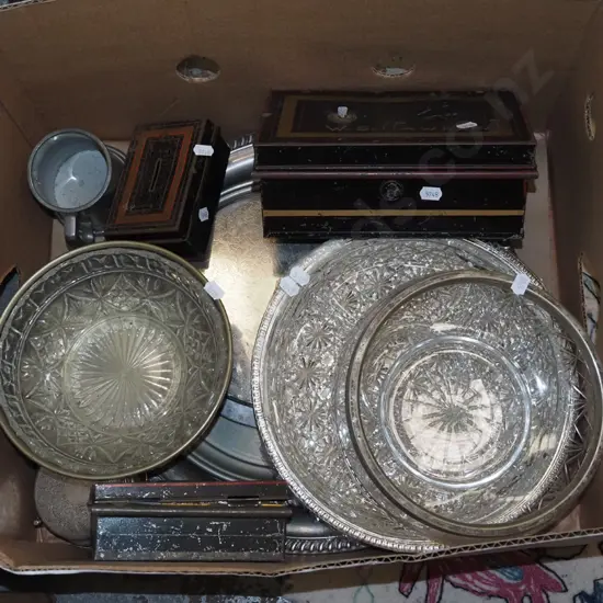 box; plated ware, glass bowl, cash boxes etc