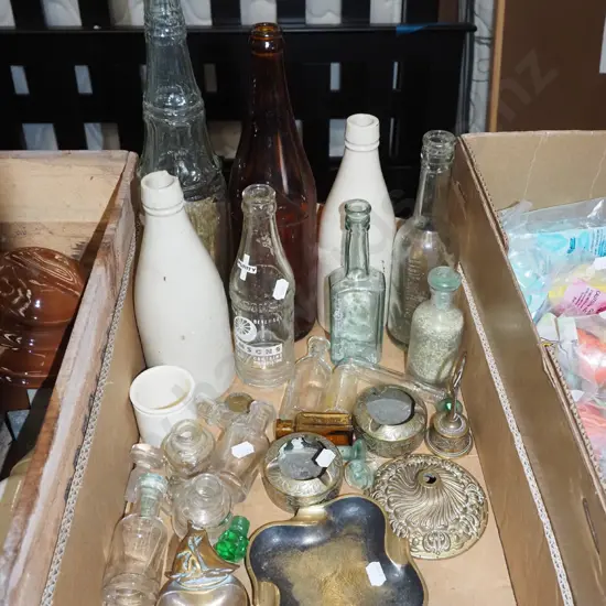 box; vintage bottles - chips, ashtrays etc