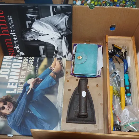box; hand tools, Sam Hunt book etc