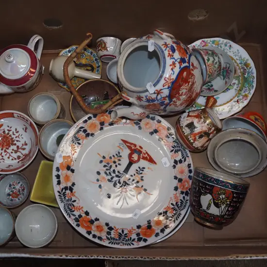 box; Asian teapots, plates, cups etc