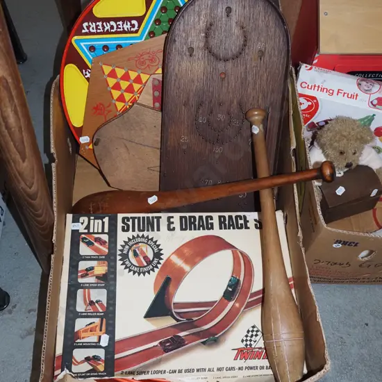 box; various toys, bagatelle game etc