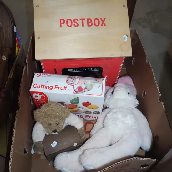box; toy post box, wooden fruit etc