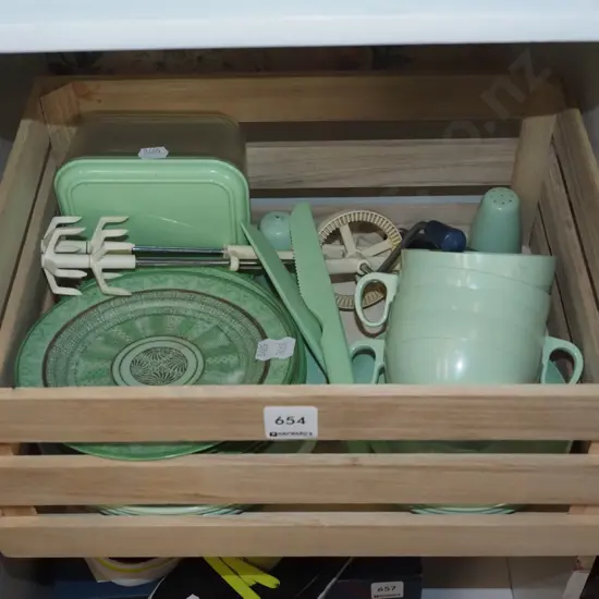 wooden crate, plastic cups, plates etc