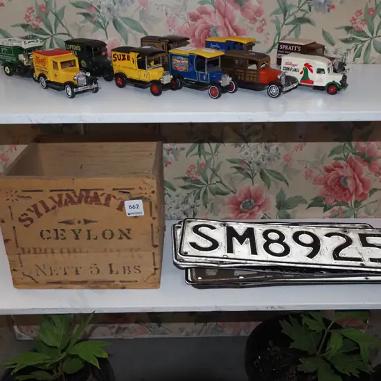 small tea box, number plates