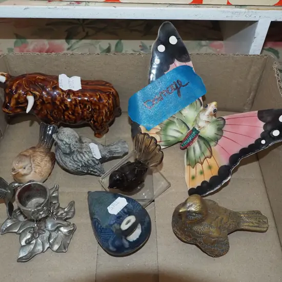 box; animal figurines, candlestick, ceramic butterfly wall pocket vase - repairs
