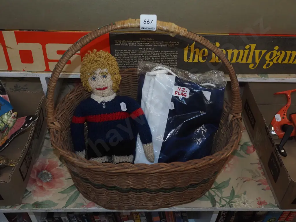 cane basket, NZ flag, knitted doll Image 1++