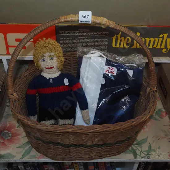 cane basket, NZ flag, knitted doll