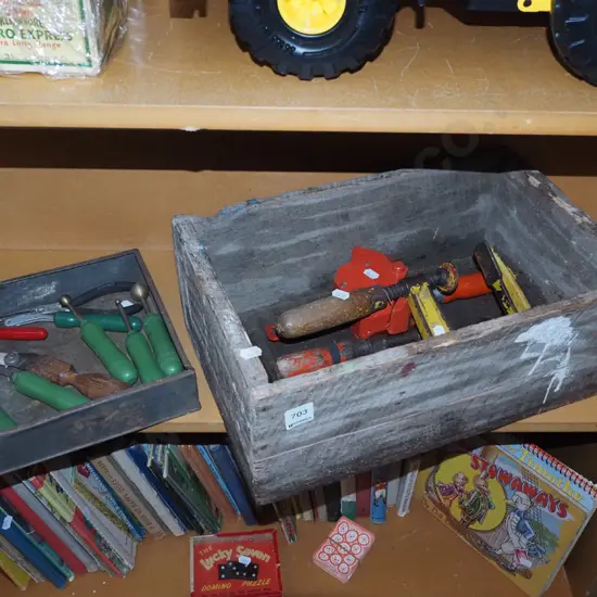 shelf; leather workers, clamps, vice etc