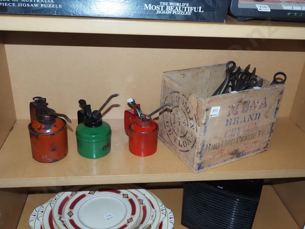 3x oilers, tea box of open end and ring spanners Image 1++